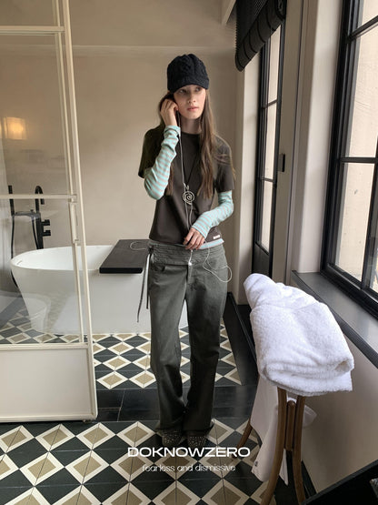 DKZ OFFICIAL Vintage Striped Patchwork Faux Layered Women&