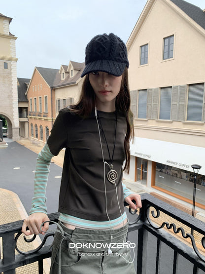 DKZ OFFICIAL Vintage Striped Patchwork Faux Layered Women&