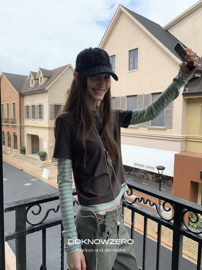 DKZ OFFICIAL Vintage Striped Patchwork Faux Layered Women&