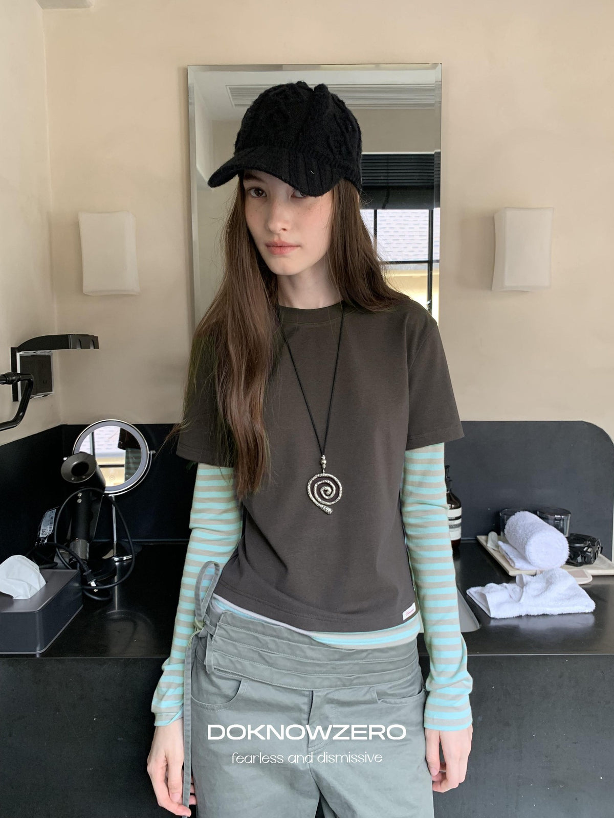 DKZ OFFICIAL Vintage Striped Patchwork Faux Layered Women&