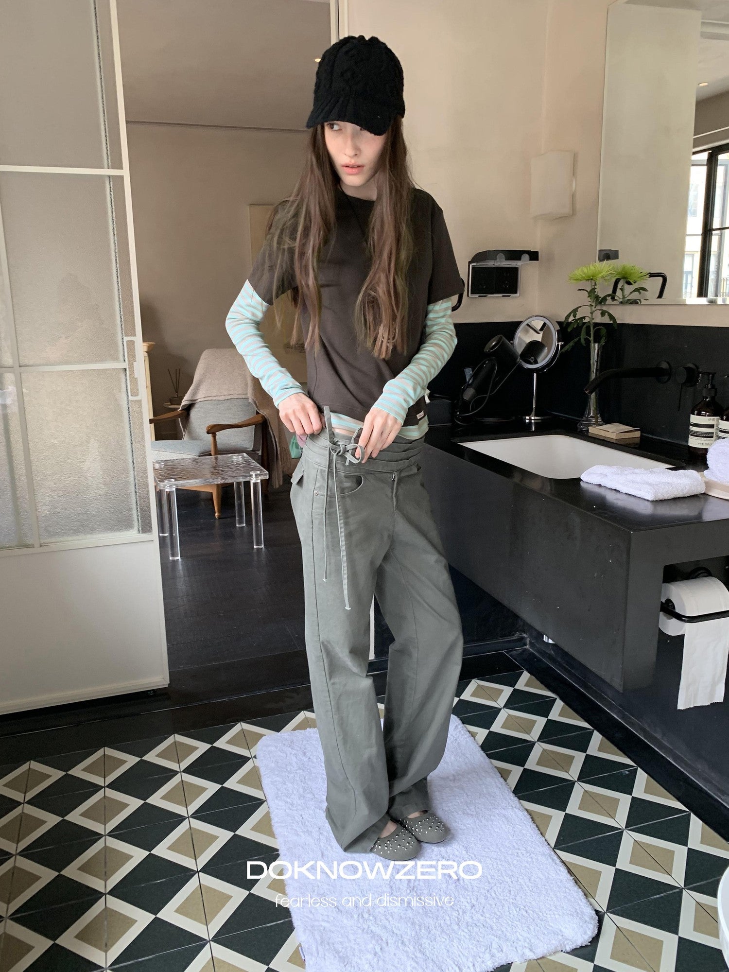 DKZ OFFICIAL Vintage Striped Patchwork Faux Layered Women&