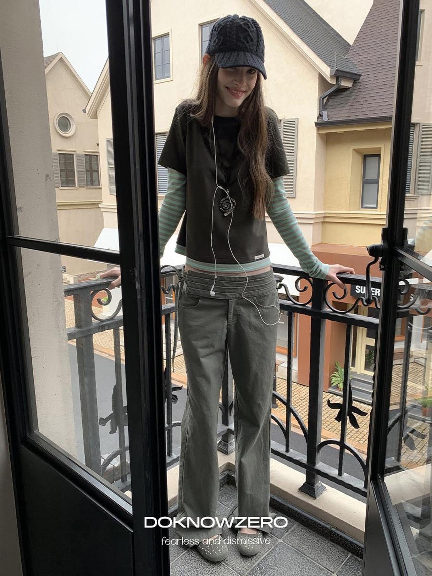 DKZ OFFICIAL Vintage Striped Patchwork Faux Layered Women&