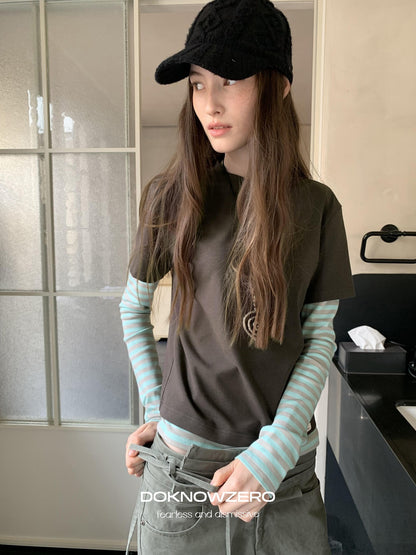 DKZ OFFICIAL Vintage Striped Patchwork Faux Layered Women&