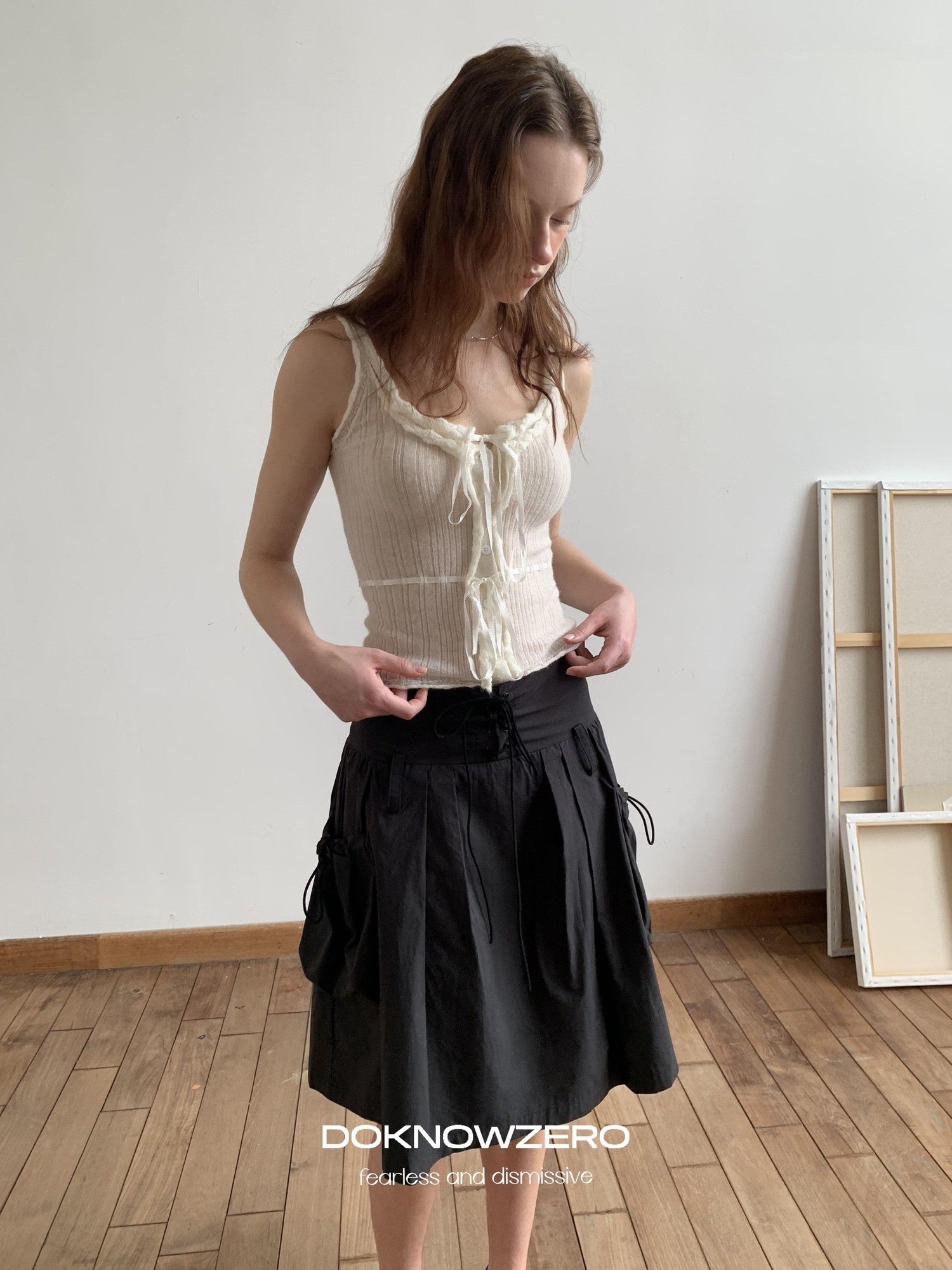 DKZ OFFICIAL Vintage Utility Tie Straps A Line Mid Waist Women&