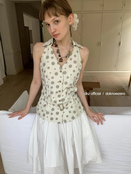 DKZ OFFICIAL Vintage Waist Tie Apricot Dot Sleeveless Blouse