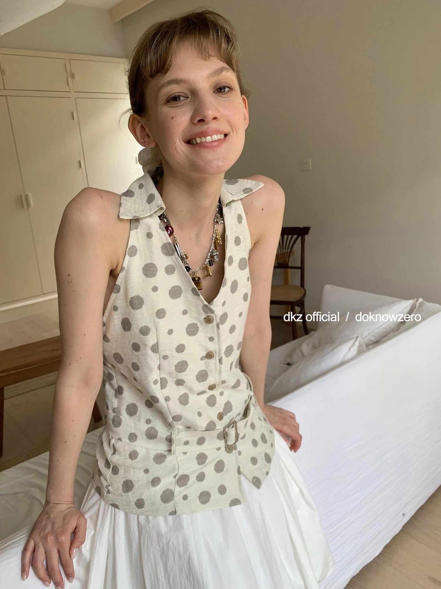 DKZ OFFICIAL Vintage Waist Tie Apricot Dot Sleeveless Blouse