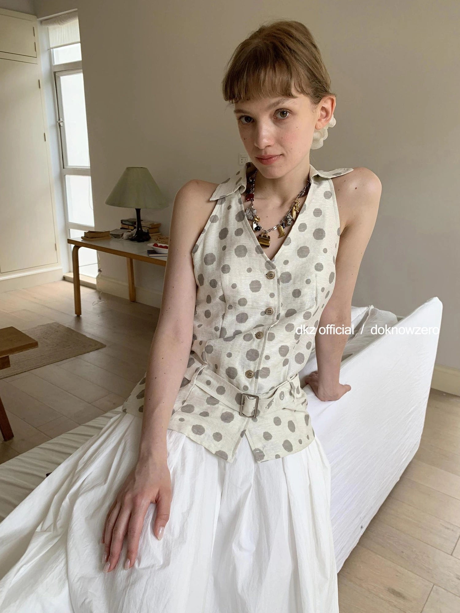 DKZ OFFICIAL Vintage Waist Tie Apricot Dot Sleeveless Blouse