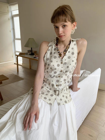 DKZ OFFICIAL Vintage Waist Tie Apricot Dot Sleeveless Blouse