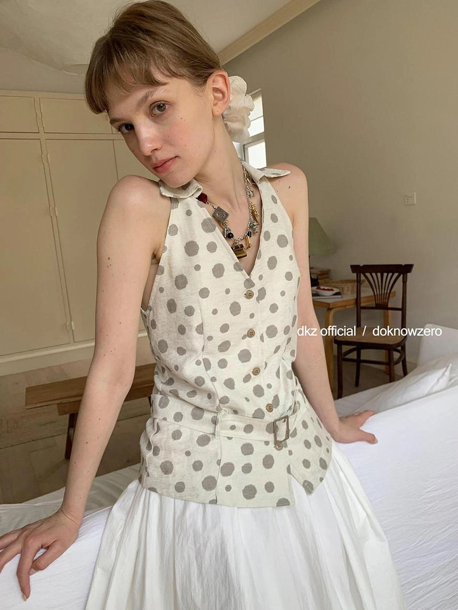 DKZ OFFICIAL Vintage Waist Tie Apricot Dot Sleeveless Blouse