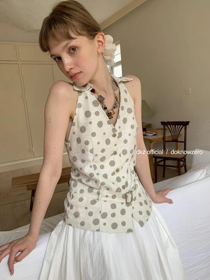 DKZ OFFICIAL Vintage Waist Tie Apricot Dot Sleeveless Blouse