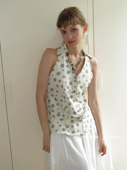 DKZ OFFICIAL Vintage Waist Tie Apricot Dot Sleeveless Blouse