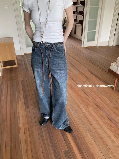 DKZ OFFICIAL Vintage Washed Blue Jeans With Woven Belt