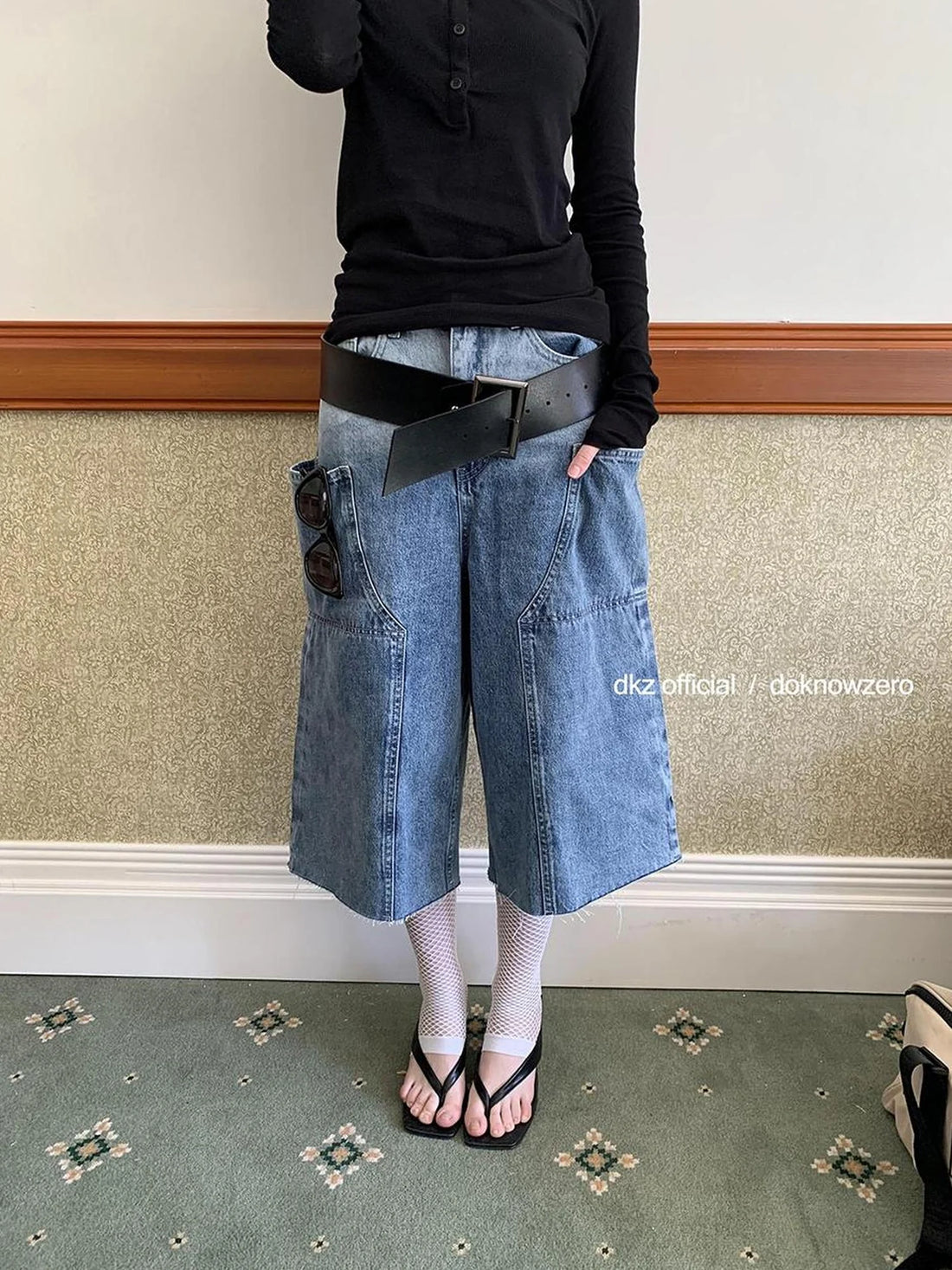 DKZ OFFICIAL Vintage Washed Blue Relaxed Cargo Cropped Jeans