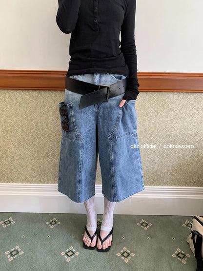 DKZ OFFICIAL Vintage Washed Blue Relaxed Cargo Cropped Jeans