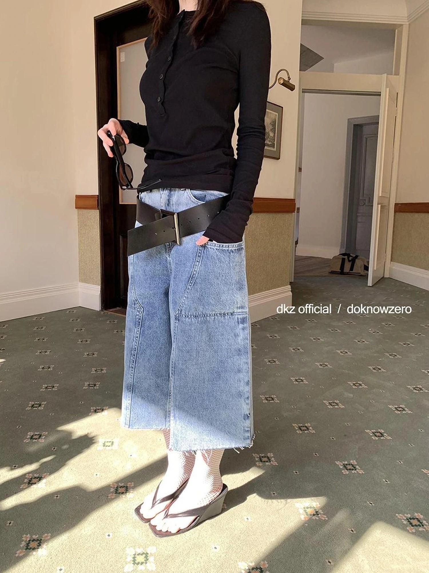 DKZ OFFICIAL Vintage Washed Blue Relaxed Cargo Cropped Jeans