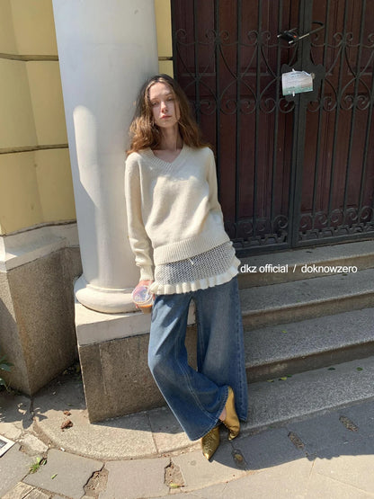 DKZ OFFICIAL Vintage Washed Blue Relaxed Wide Leg Denim Pants
