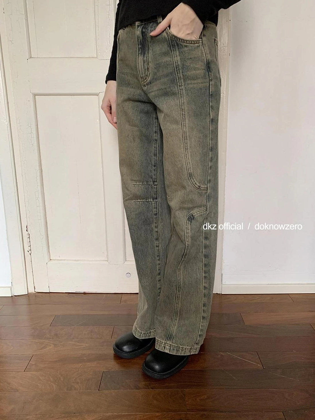 DKZ OFFICIAL Vintage Washed Blue Wide Leg Deconstructed Jeans