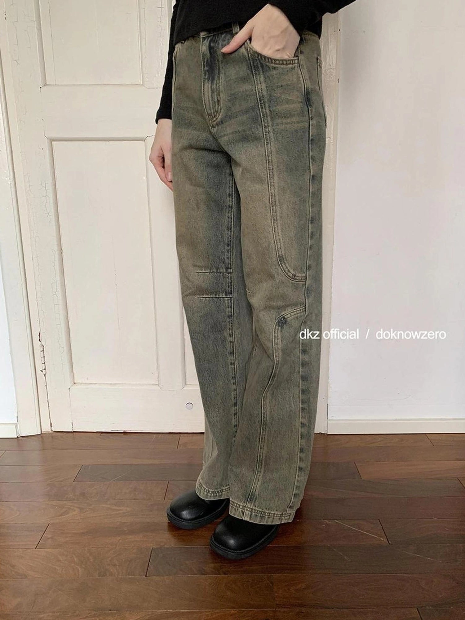 DKZ OFFICIAL Vintage Washed Blue Wide Leg Deconstructed Jeans