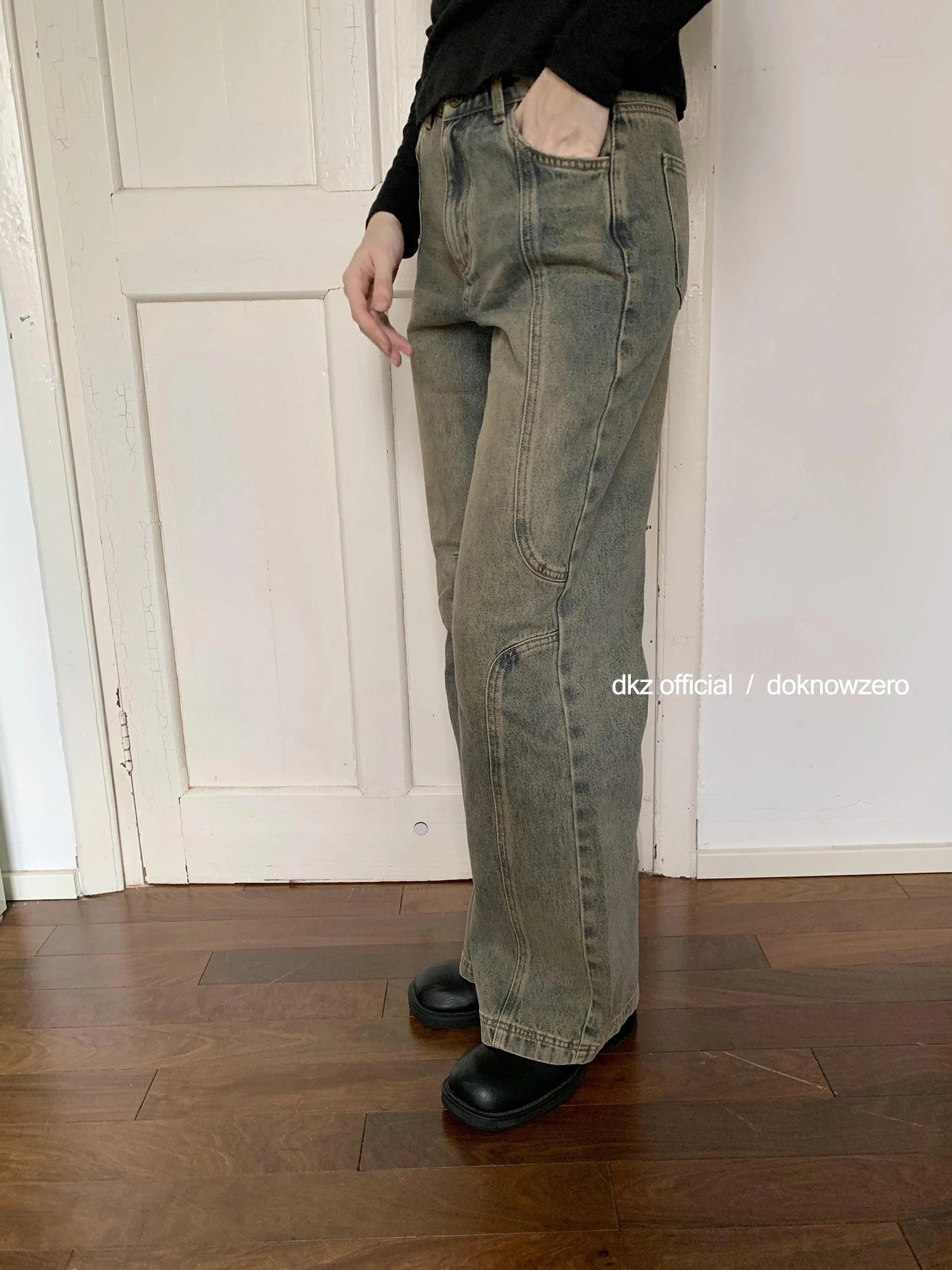 DKZ OFFICIAL Vintage Washed Blue Wide Leg Deconstructed Jeans