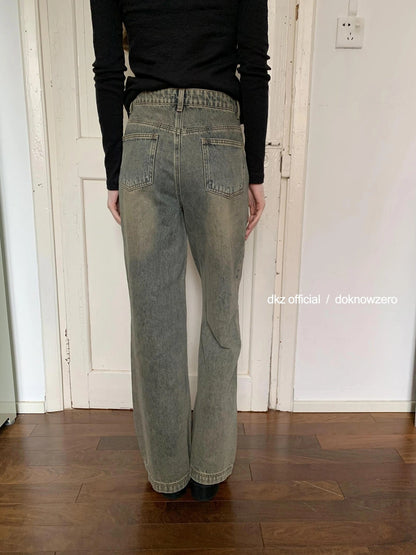 DKZ OFFICIAL Vintage Washed Blue Wide Leg Deconstructed Jeans