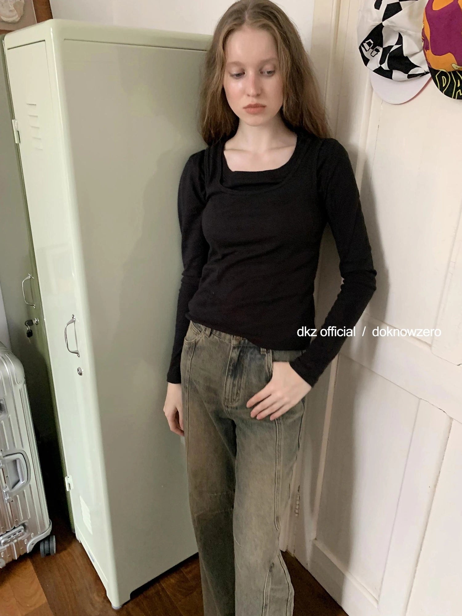 DKZ OFFICIAL Vintage Washed Blue Wide Leg Deconstructed Jeans