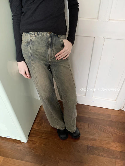 DKZ OFFICIAL Vintage Washed Blue Wide Leg Deconstructed Jeans