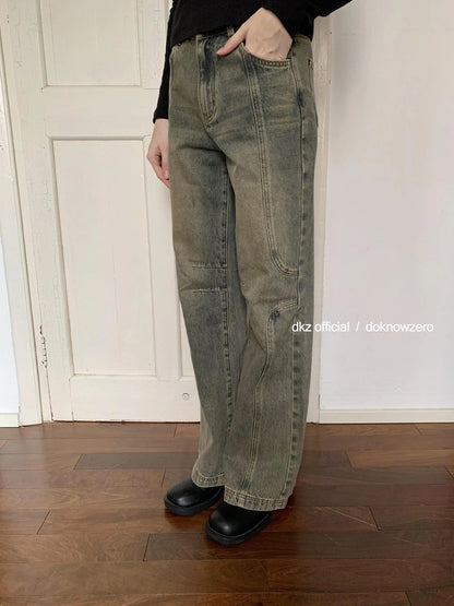 DKZ OFFICIAL Vintage Washed Blue Wide Leg Deconstructed Jeans