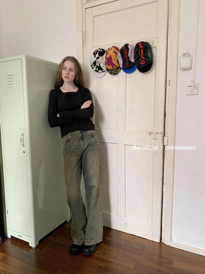 DKZ OFFICIAL Vintage Washed Blue Wide Leg Deconstructed Jeans