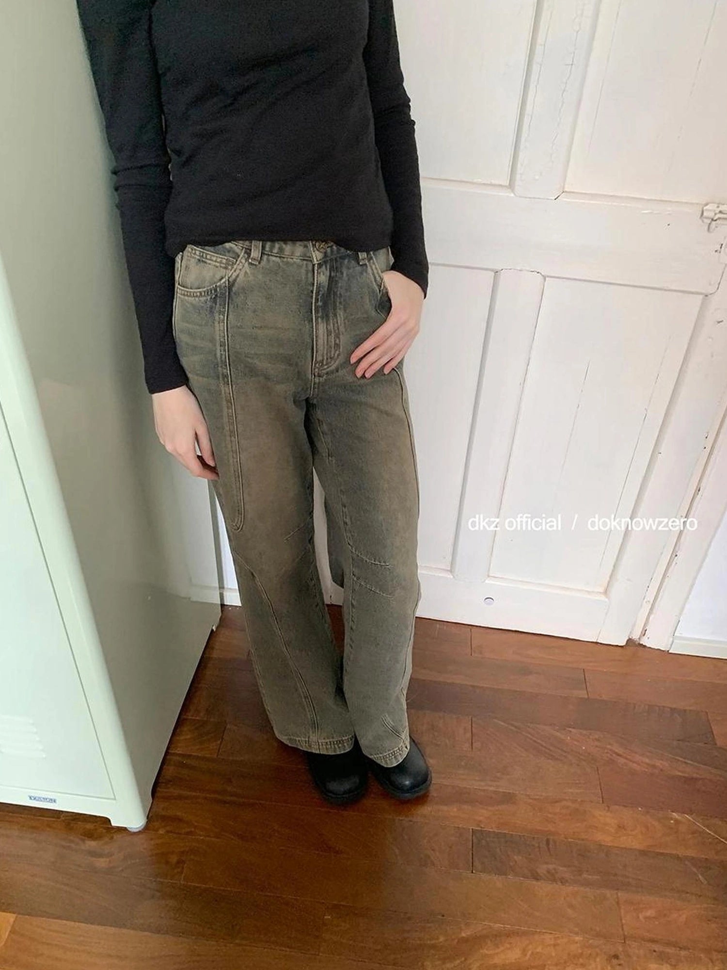 DKZ OFFICIAL Vintage Washed Blue Wide Leg Deconstructed Jeans