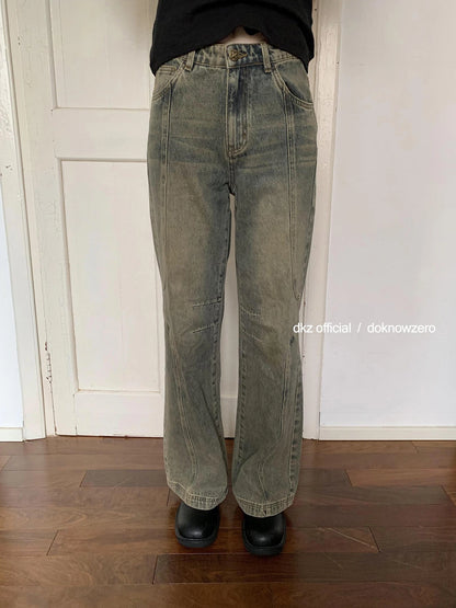 DKZ OFFICIAL Vintage Washed Blue Wide Leg Deconstructed Jeans