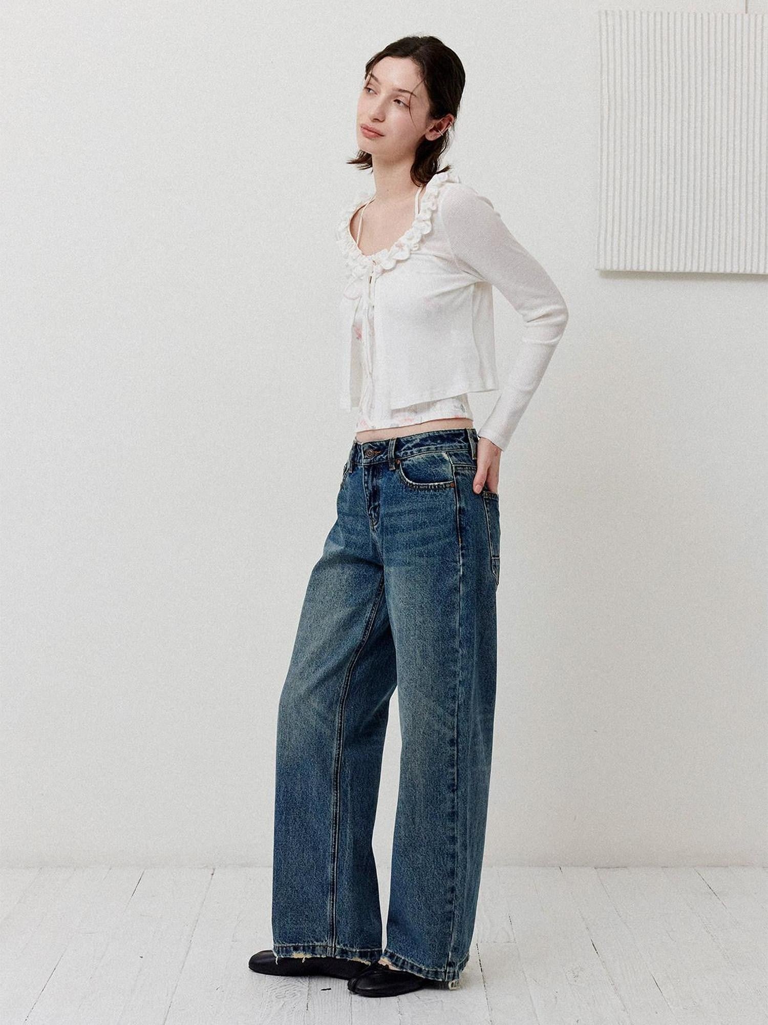 DKZ OFFICIAL Vintage Washed Button Fly Natural Waist Women&