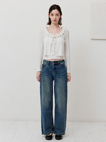 DKZ OFFICIAL Vintage Washed Button Fly Natural Waist Women&