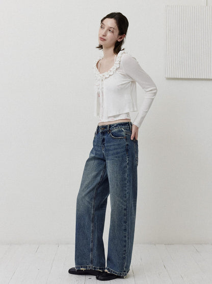 DKZ OFFICIAL Vintage Washed Button Fly Natural Waist Women&