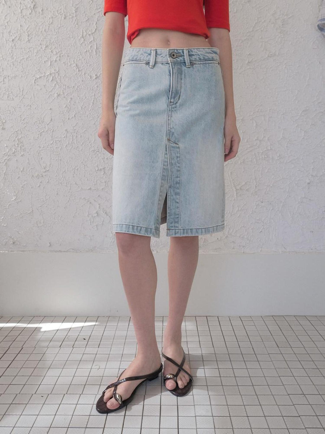 DKZ OFFICIAL Vintage Washed Denim Button Front Slit Straight Women&