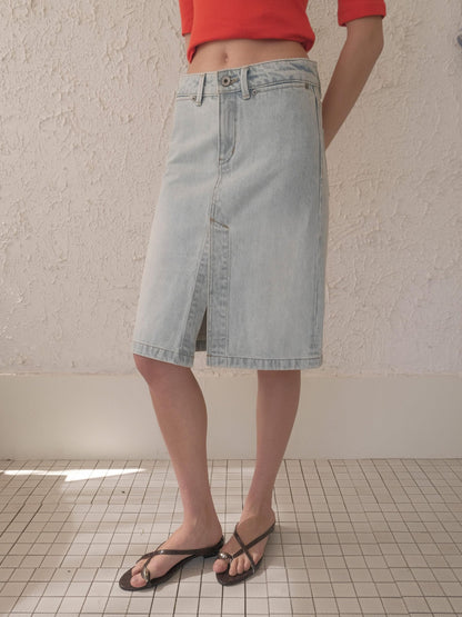 DKZ OFFICIAL Vintage Washed Denim Button Front Slit Straight Women&