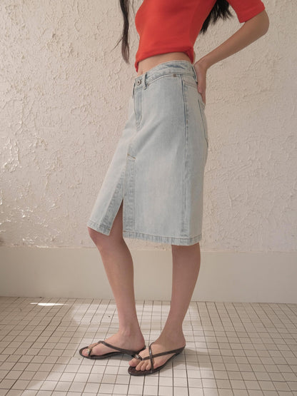 DKZ OFFICIAL Vintage Washed Denim Button Front Slit Straight Women&
