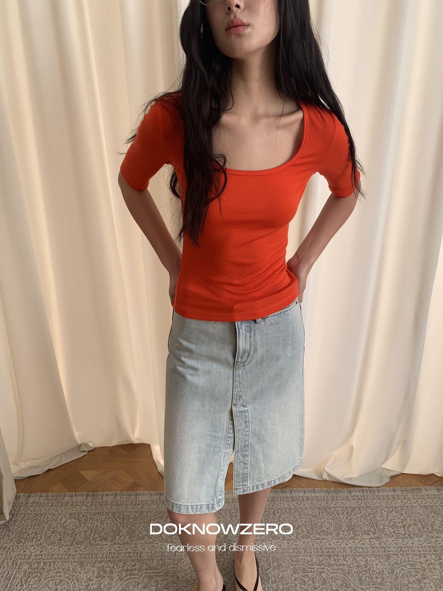 DKZ OFFICIAL Vintage Washed Denim Button Front Slit Straight Women&