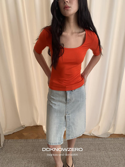 DKZ OFFICIAL Vintage Washed Denim Button Front Slit Straight Women&