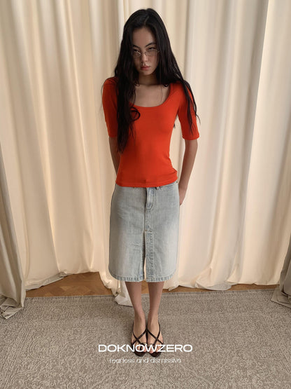 DKZ OFFICIAL Vintage Washed Denim Button Front Slit Straight Women&