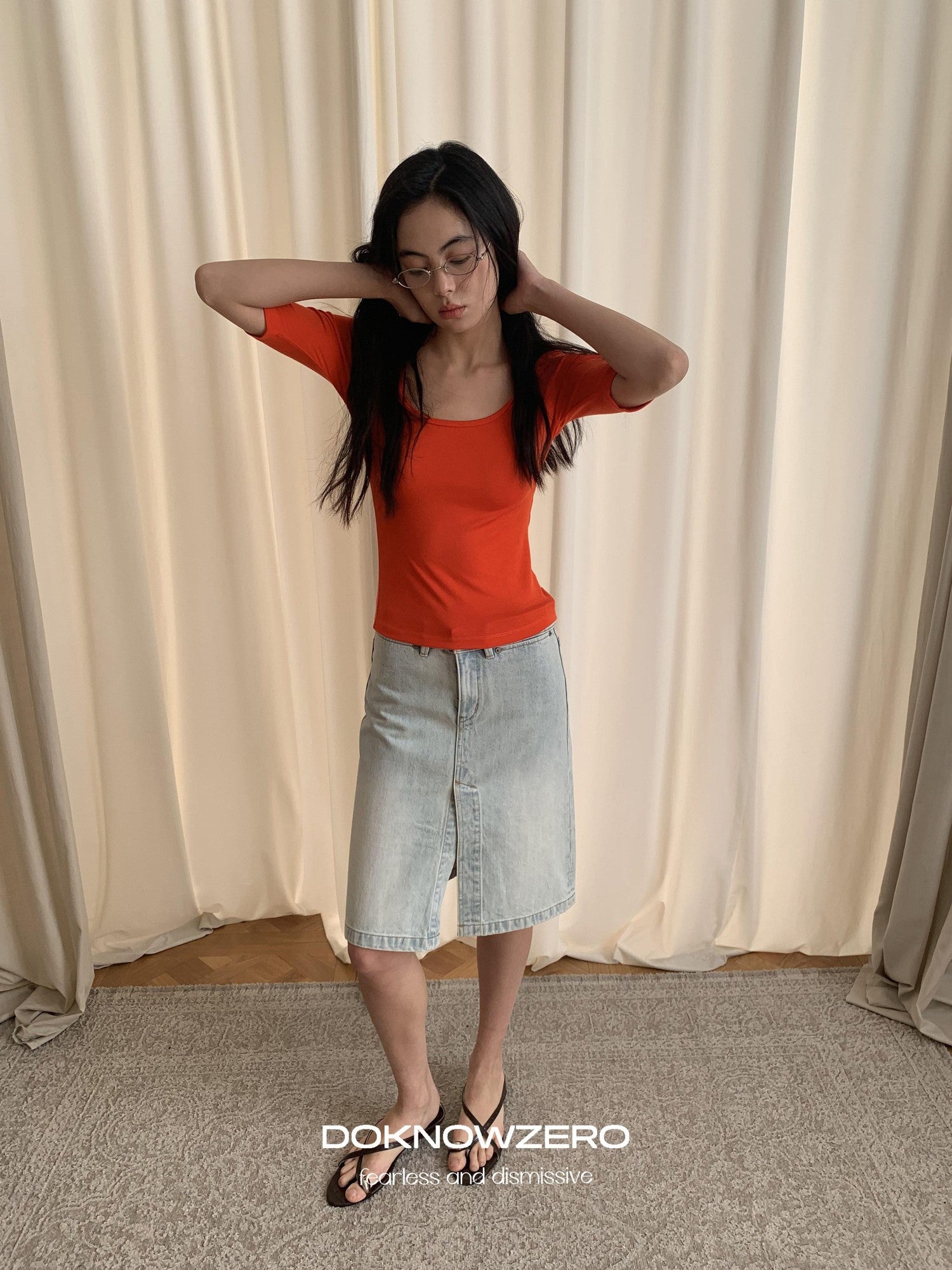 DKZ OFFICIAL Vintage Washed Denim Button Front Slit Straight Women&