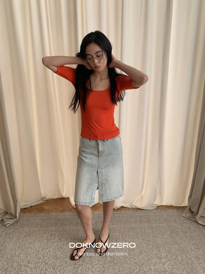DKZ OFFICIAL Vintage Washed Denim Button Front Slit Straight Women&