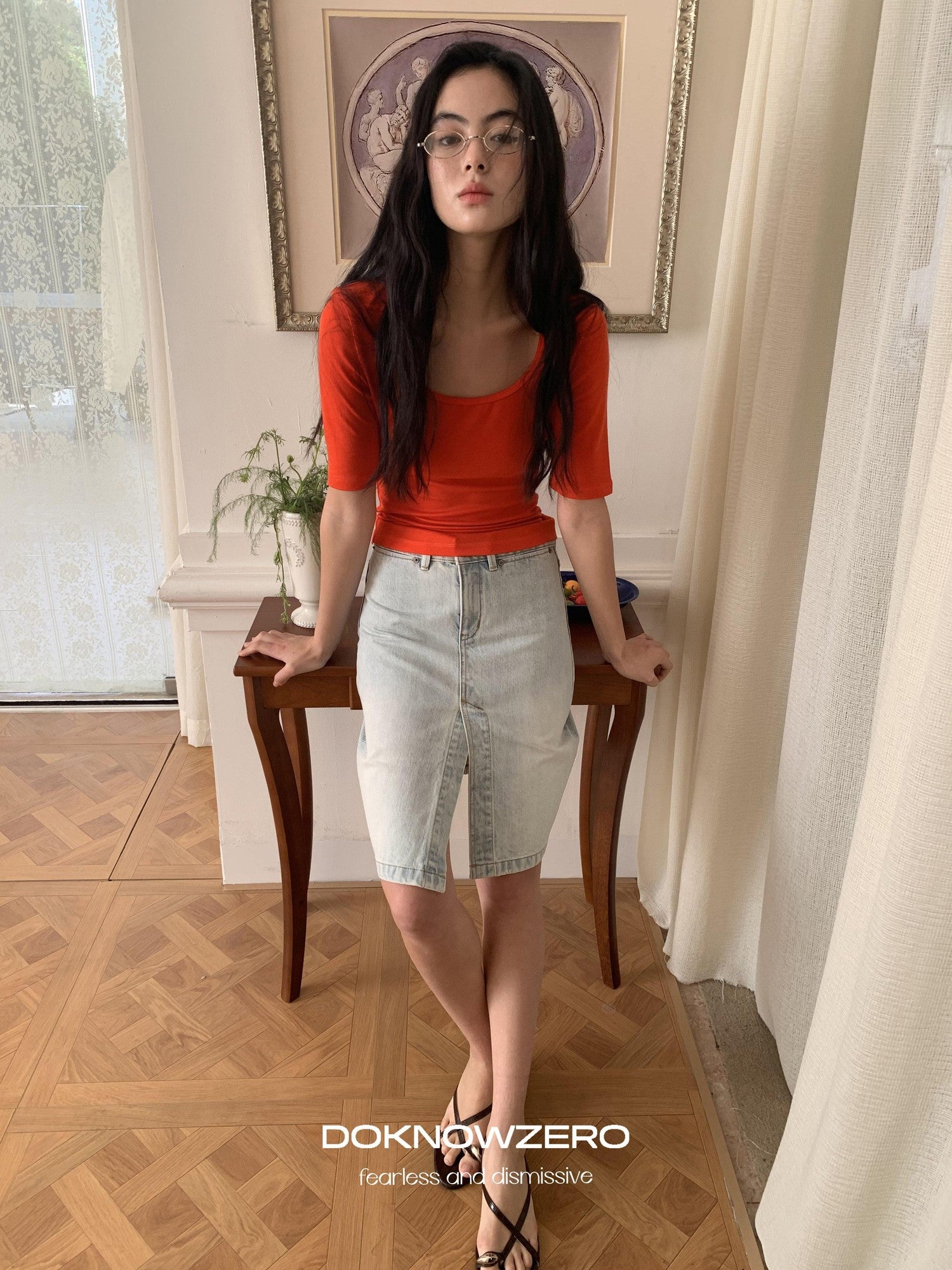 DKZ OFFICIAL Vintage Washed Denim Button Front Slit Straight Women&