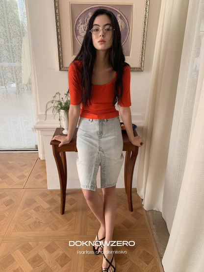DKZ OFFICIAL Vintage Washed Denim Button Front Slit Straight Women&