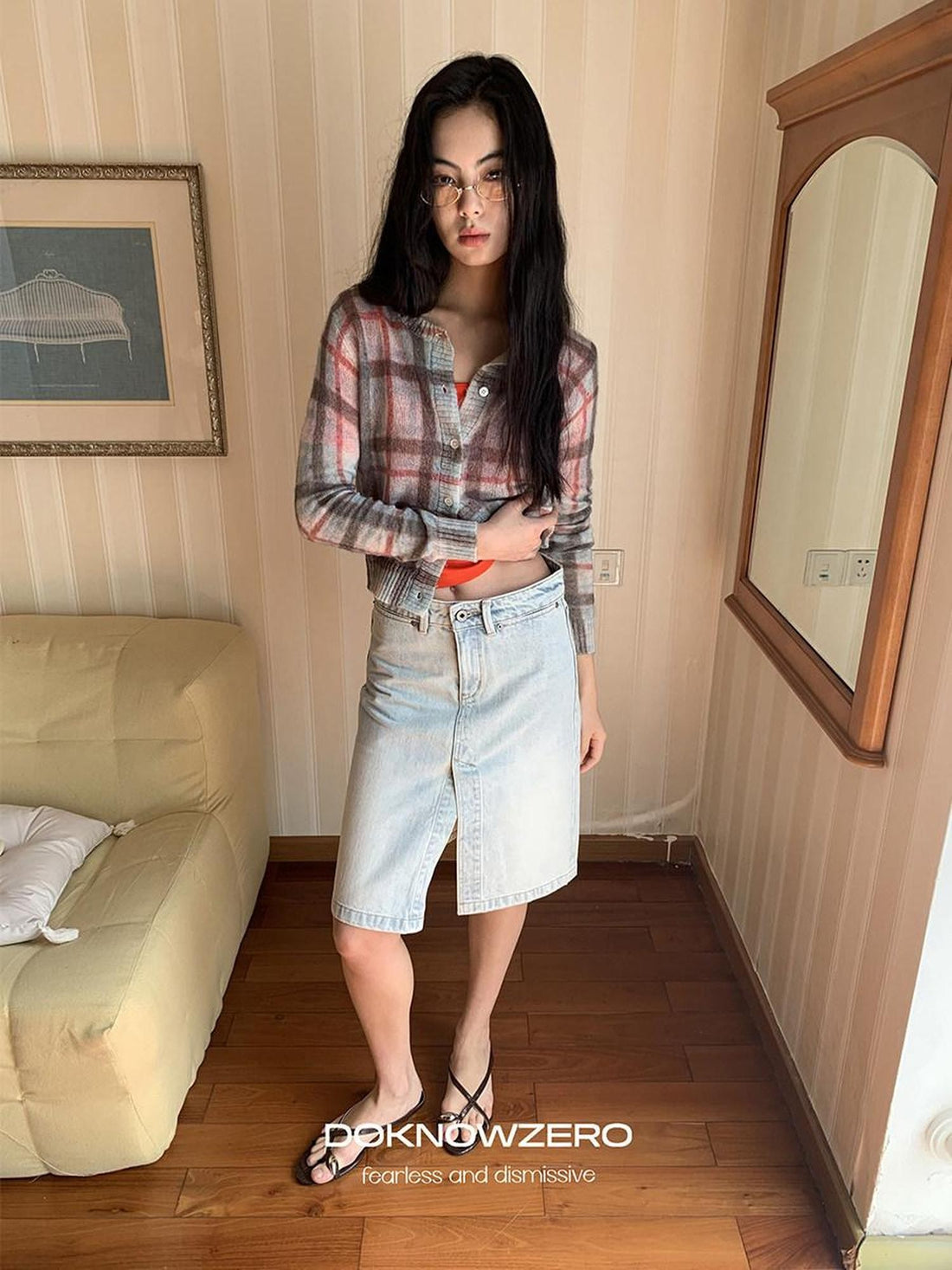 DKZ OFFICIAL Vintage Washed Denim Button Front Slit Straight Women&