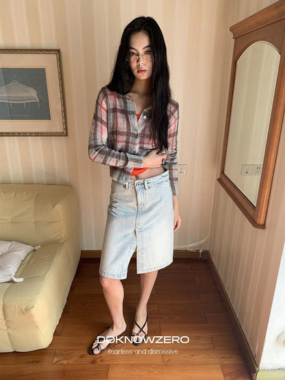 DKZ OFFICIAL Vintage Washed Denim Button Front Slit Straight Women&