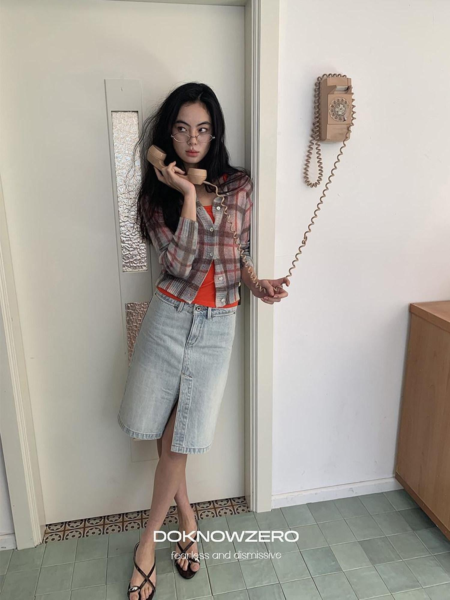 DKZ OFFICIAL Vintage Washed Denim Button Front Slit Straight Women&