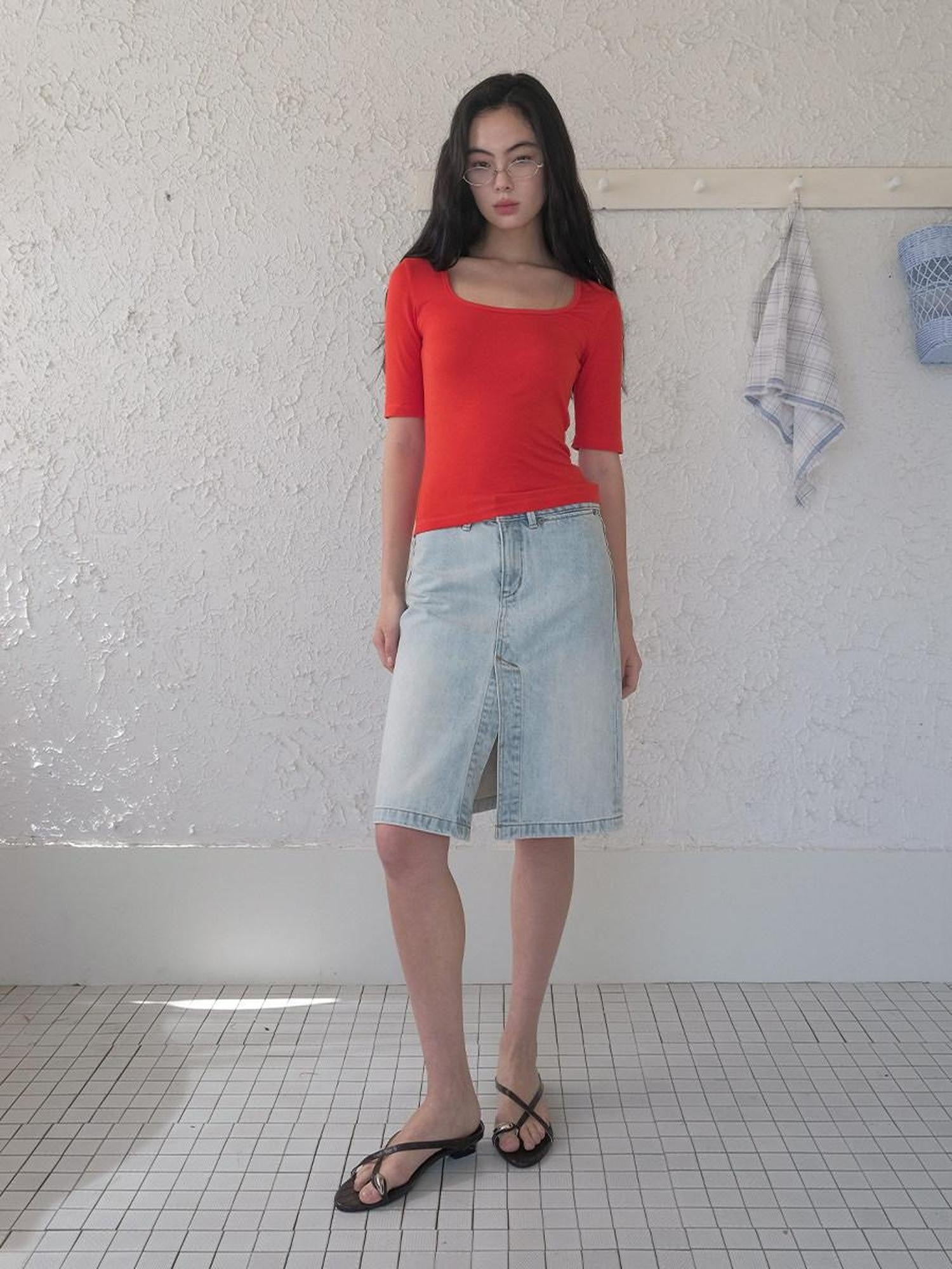 DKZ OFFICIAL Vintage Washed Denim Button Front Slit Straight Women&