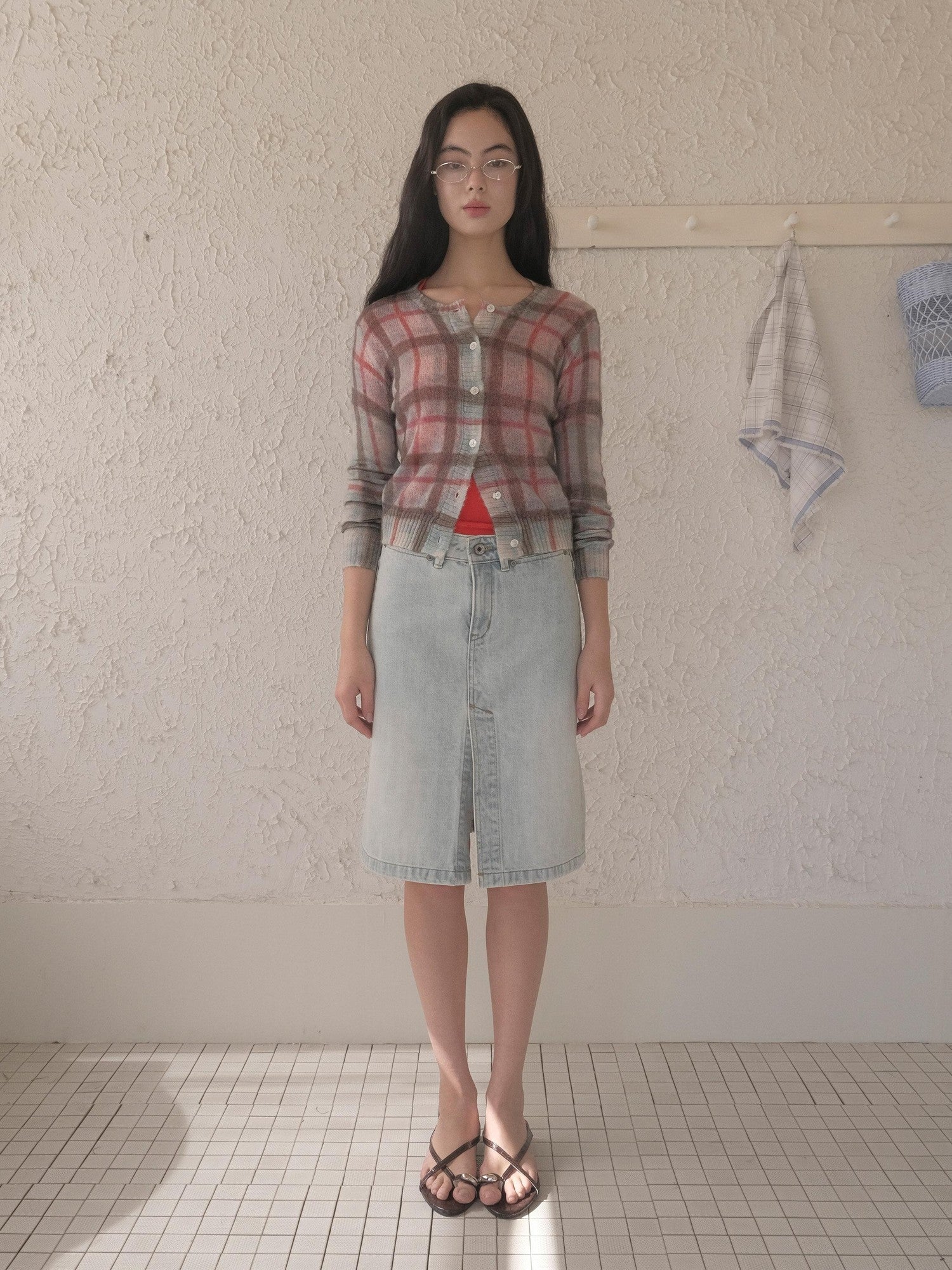 DKZ OFFICIAL Vintage Washed Denim Button Front Slit Straight Women&