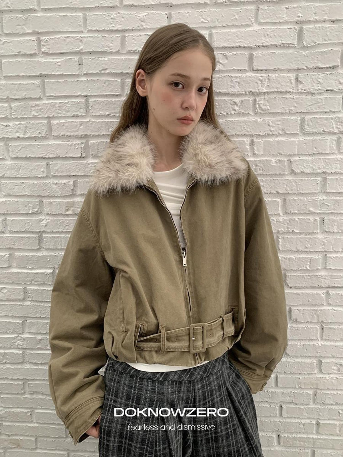 DKZ OFFICIAL Vintage Washed Detachable Fur Collar Women&