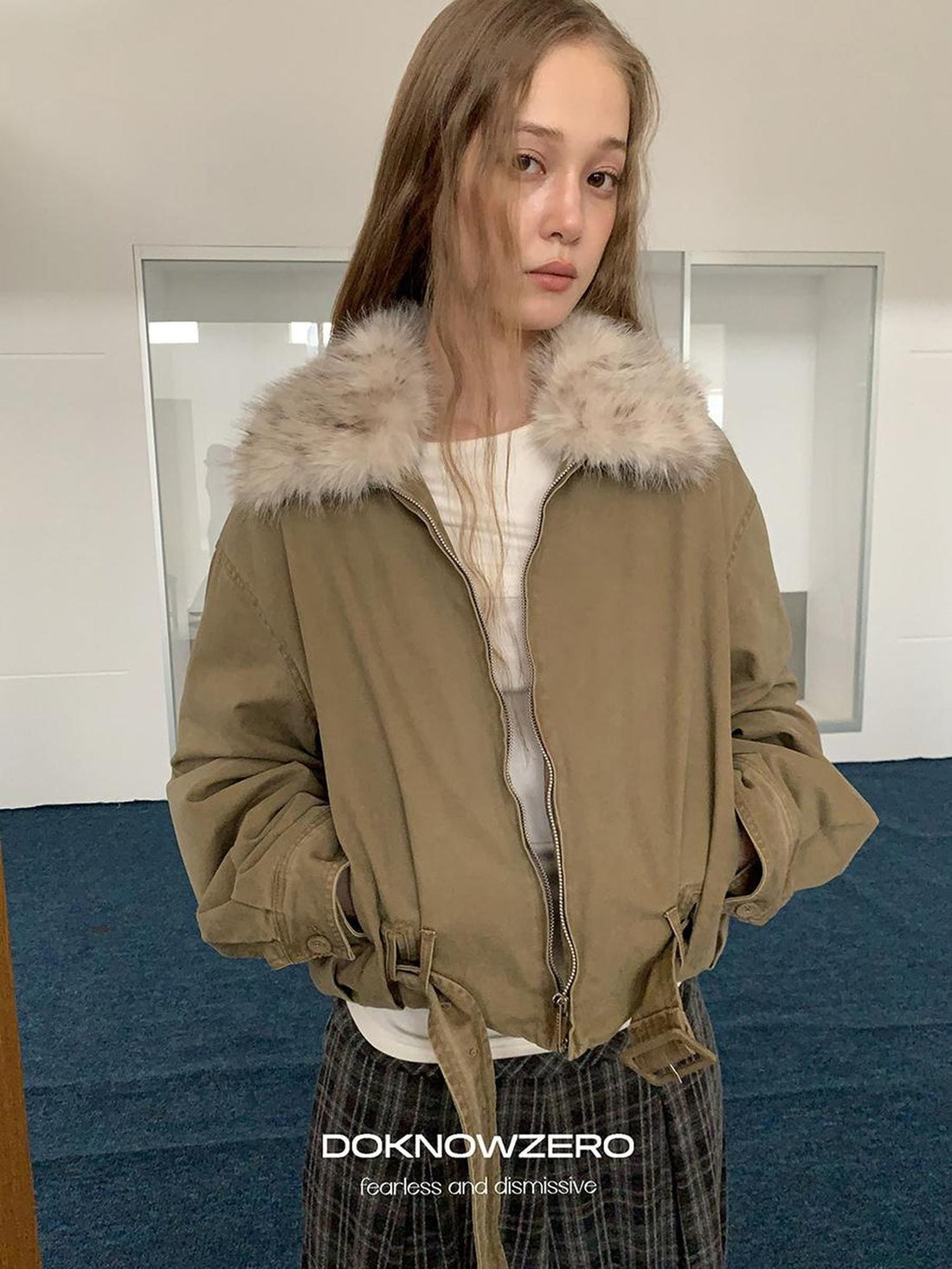 DKZ OFFICIAL Vintage Washed Detachable Fur Collar Women&